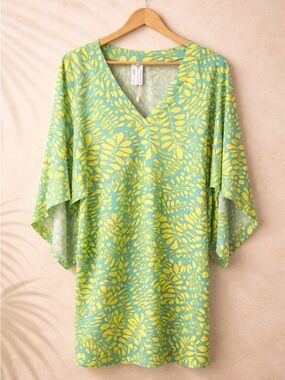 Trina Turk Lime and Yellow Leaf-Print V-Neck Swim Coverup